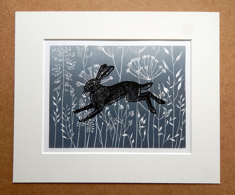 Seed heads and Hare Lino Print Grey Background