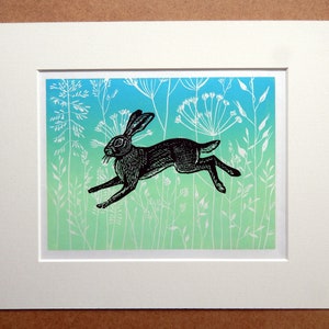 Seed heads and Hare Lino Print Green Background