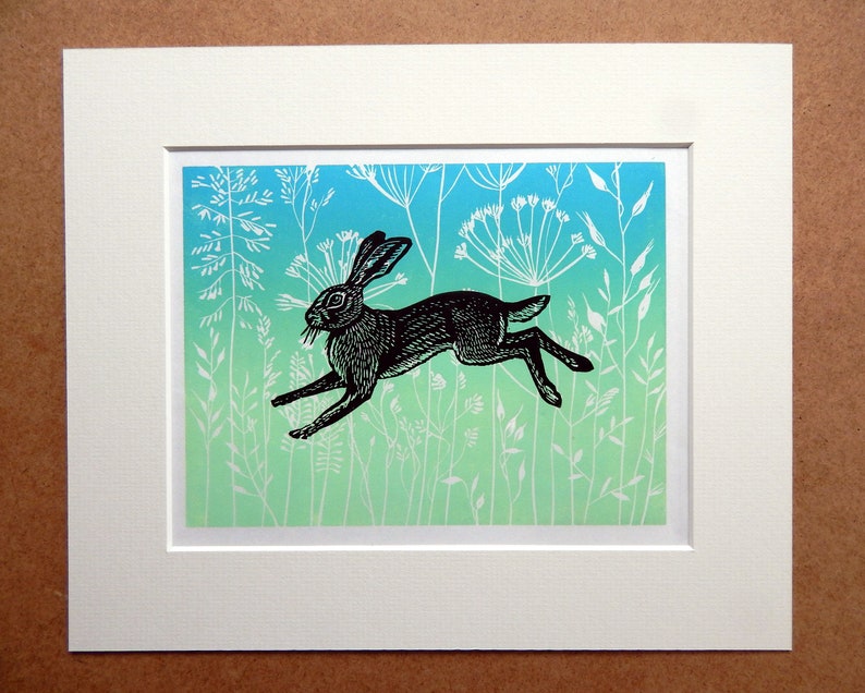 Seed heads and Hare Lino Print Green Background