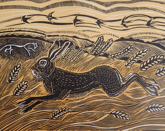 Fields of Gold - Original Handcarved Handmade Linocut Linoprint Artwork - Artist's Proof