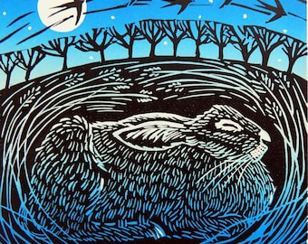 Hunkered Down - Night Time - Limited Edition Lino Print of Hare