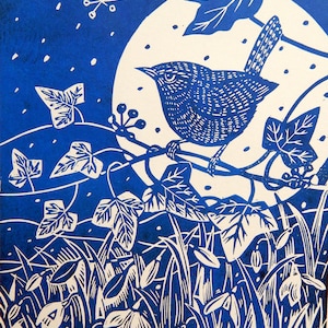 Winter Wren - Blue version -limited edition  Lino Print of a wren