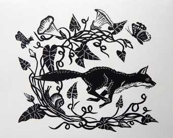 Fox and Flowers- Lino Print Hand carved and printed lino print of a fox amongst some bindweed.