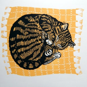 Sleeping Tabby -  Limited Edition Lino Print ofTabby Cat