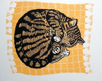 Sleeping Tabby -  Limited Edition Lino Print ofTabby Cat