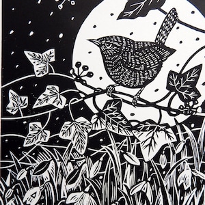 Winter Wren - Black version -limited edition  Lino Print of a wren