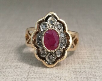 Vintage ring in 14kt gold with RUBY and natural DIAMONDS antique cut