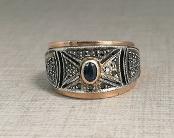 Vintage 14kt gold ring and silver with sapphire and antique cut diamonds