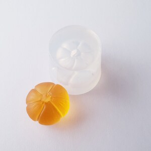 May include: A clear silicone mold shaped like a pumpkin, with a smaller orange pumpkin made from resin sitting next to it.