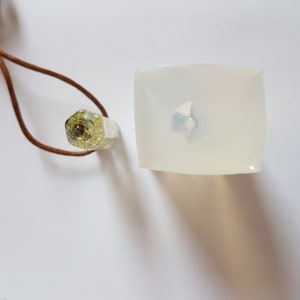 May include: A clear, square resin mold with a small, embedded object and a hexagonal pendant with a brown leather cord. The pendant has a light green and brown interior.