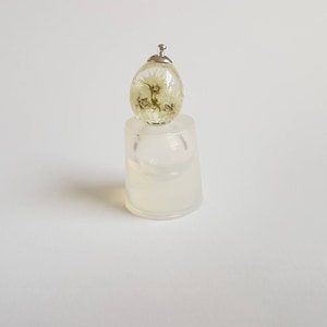 May include: A clear glass egg-shaped pendant with a silver cap and dried white flowers inside. The pendant is sitting on a clear silicone mold.