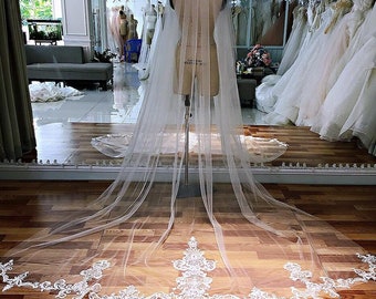 Ethereal Long Tulle Veil with Delicate Floral Lace for Elegant Brides ,The Veil For Bride , Custom Veil
