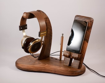 Sound station Headphone stand and Phone Dock iPhone docking station Gift for Him tech gift