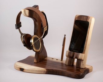 Sound station Headphone stand and Phone Dock iPhone docking station Gift for Him tech gift