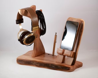 Soporte de madera para auriculares y teléfono, organizador de escritorio hecho a mano con portalápices, regalo tecnológico minimalista para él.