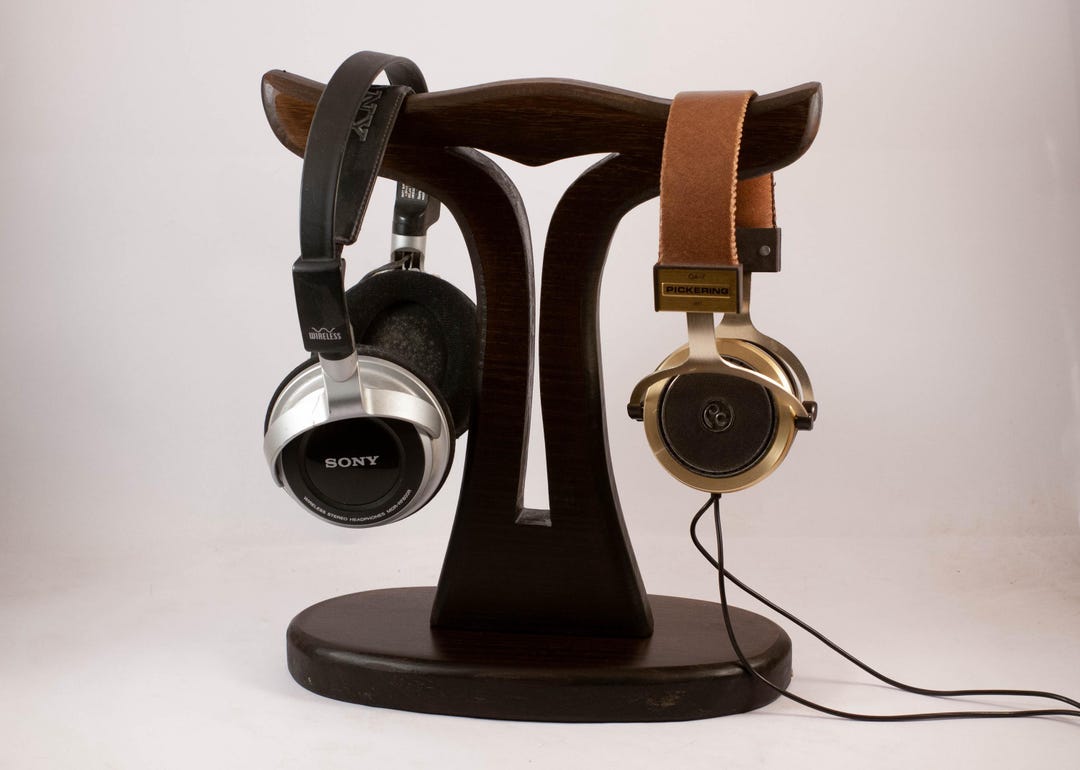Double Headphone Stand, Smoked Acacia Wood Headset Holder for Desk or ...