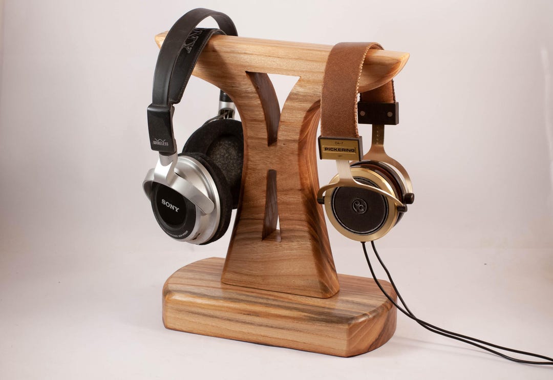 Double Headphone Stand, Acacia Wood Headset Holder, Minimalist Dual ...