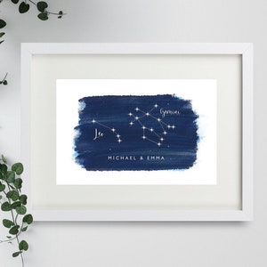 Personalised Watercolour Couples Star Sign and Zodiac Print, Astrology, Zodiac Artwork, Engagement Gift, Constellation Print, Wedding Gift