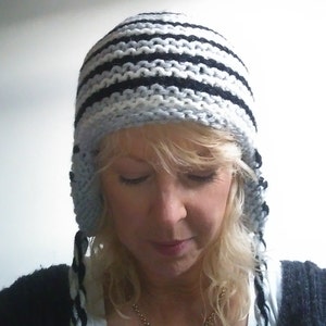 Hand knitted reversible black, white and grey winter hat image 1