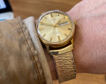 ATREXA / vintage watch / RUNNING /  automatic movement / men's watch / swiss movement / day-date / spiedel strap / 34mm / 25 jewels /