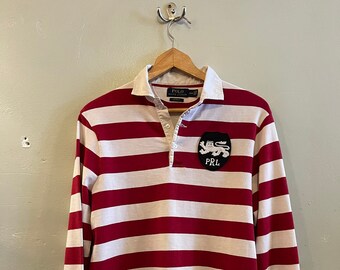 POLO RL / Ralph Lauren rugby / lion patch / 00s Polo / bold stripe / red and white / lightweight rugby / button collar / ralph / mens M