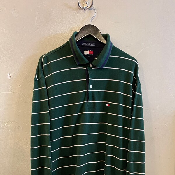 TOMMY / vintage Hilfiger / longsleeve polo / green polo / light rugby / striped polo / 90s Tommy / flag logo / ivy style / prep / mens L