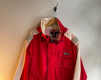 POLO SPORT / vintage Polo Sport windbreaker / red and white jacket / reflector patches / hiking Polo jacket / 90s vintage / men's L boxy
