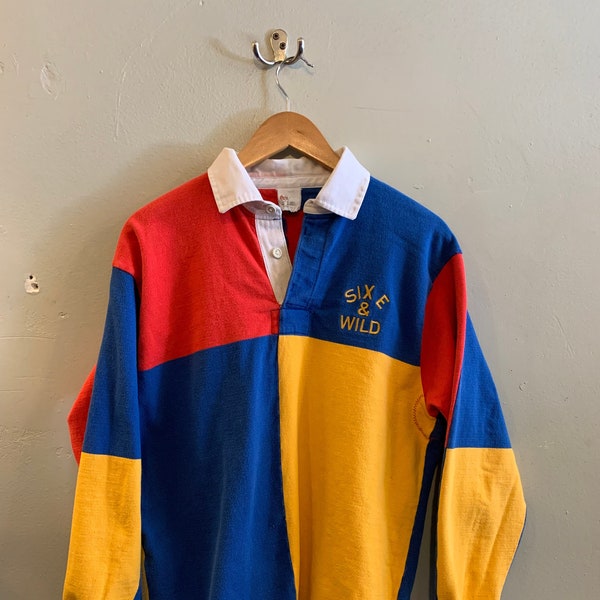 Rugby Vintage / 6 E wild ? / Barbarian rugby / heavy polo / thick fabric / prime colours / 4 square vintage / connect 4 rugby / men's M