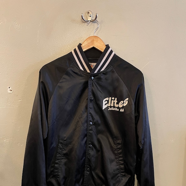 VINTAGE / baseball jacket / satin dugout jacket / varsity style / college vintage / local team heroes / black jacket / Elites / mens S.