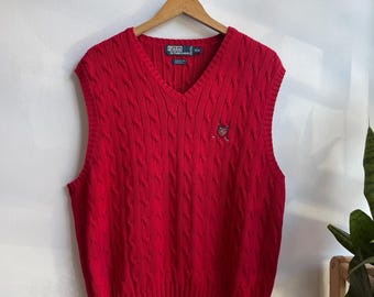 POLO RL / polo golf vest / cable knit vest / country club / big red / all cotton / golf vest / 90s Polo vest / dad vest / mens L