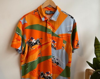 POLO RL / vintage featherweight mesh / all over print / 90s Polo shirt / summer polo shirt / bbq polo / all cotton / mens M-L