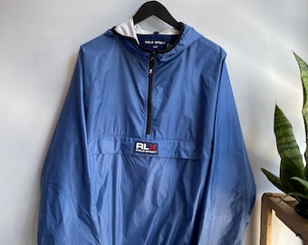 RLX / Polo Sport / ralph Lauren vintage vintage windbreaker / 90s - 00s pullover hoody jacket / ultra lightweight / light blue / mens XL