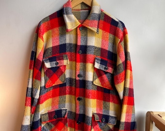 REGENT / vintage workwear / vintage plaid overshirt / wool blend shirt / red and yellow / made in Canada / 70s vintage / mens S-M.