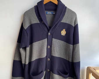 POLO RL / cotton shawl collar cardigan / striped cardigan / dad sweater / wreath logo / heavy cardigan / embroidered logo / mens L