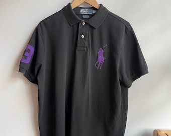 POLO RL / vintage polo shirt / shortsleeve polo / big logo Polo shirt / black and purple / 90s Polo shirt / dad polo shirt / mens L-XL