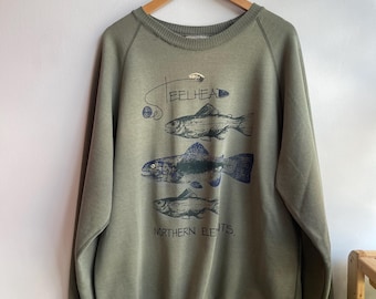 STEELHEAD / vintage fishing crewneck / raglan sleeve / all cotton / northern elements / oversized crewneck / fly fishing / mens XL