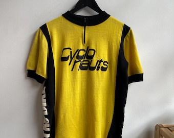 CYCLONAUTS / vintage wool cycle shirt / 60s-70s vintage / made in USA / black and yellow jersey / quarter zip / cycling / mens M-L