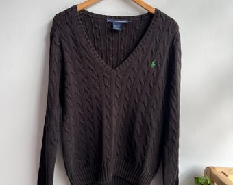 RALPH LAUREN Sport  / black cable knit top / cotton jumper / v neck jumper / vintage ralph lauren sport / longsleeve polo / womens XL