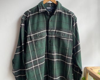 POLO RL / vintage flannel shirt / heavy twill workshirt / 90s vintage Polo ralph lauren / green plaid / vintage polo shirt / mens M-L
