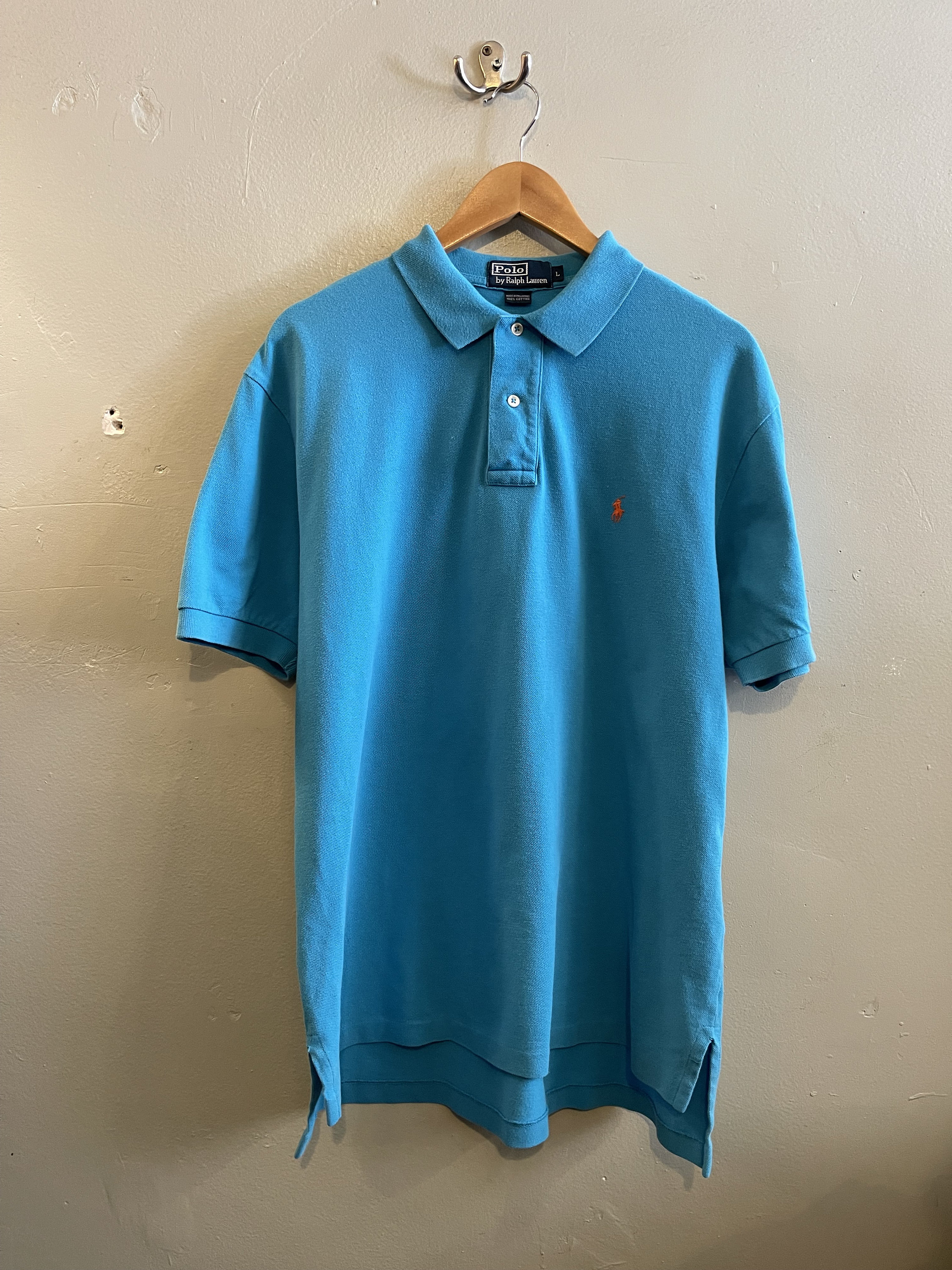 POLO RL vintage polo shirt baby blue orange logo 90s Polo vintage Ralph Lauren ivy league hip hop mens classic mens L