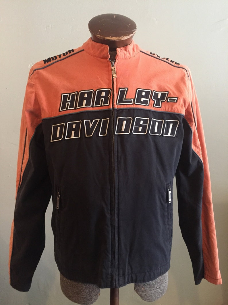 Harley Davidson Motorcycle Jacket Orange And Black Well Made Mens S