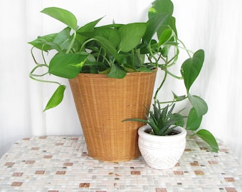Vintage Rattan Basket, Boho Woven Planter, Shabby Chic Decor