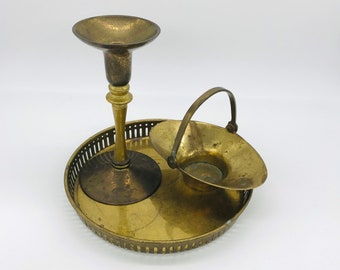Mismatched BRASS Decor, Candlestick Basket and Table Tray, Set of 3