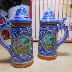 Vintage Salt Pepper Shakers, Florida Souvenir Beer Steins 1950s