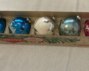 Vintage set of five Mixed Shiny Brite Mid Century Christmas Tree Ball Ornaments Stenciled Night Stars Reindeer, original box