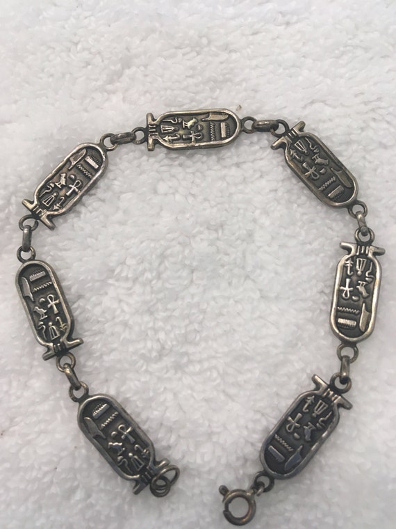 Vintage Egyptian Sterling Silver Bracelet Hierogl… - image 1