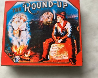 Vintage Dodo Designs tin with 'The Round-Up' cowboy scene, miniature tin, 3 3/4 "