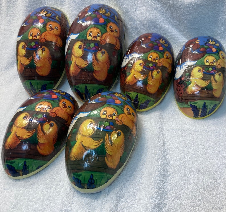 German Paper Mache Fillable Nesting Easter Eggs, Picnic Chicks, Set of