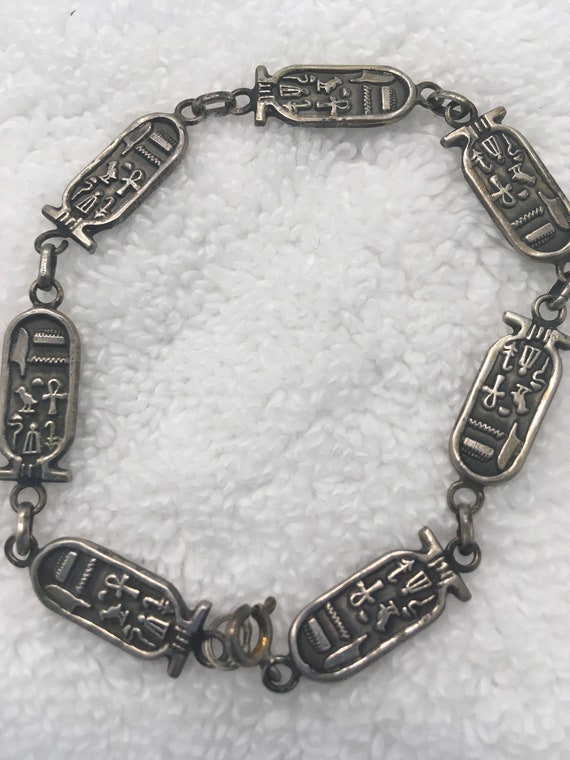 Vintage Egyptian Sterling Silver Bracelet Hierogl… - image 5