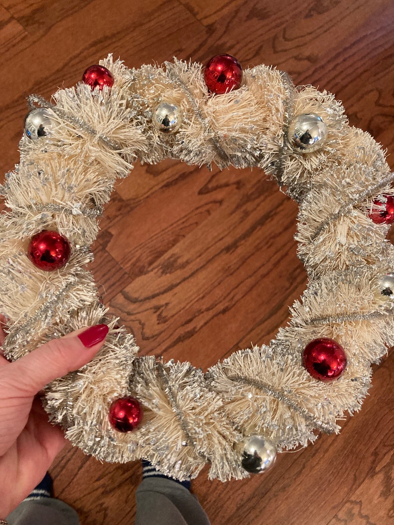 Vintage white bottle brush wreaths with silver flocking set Etsy